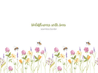 Watercolor hand drawn seamless border of wildflowers with fly bees on white background. Clever, tulip, lavender flowers banner. 