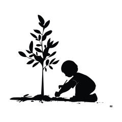 Elegant silhouette illustration Of a boy plant a tree