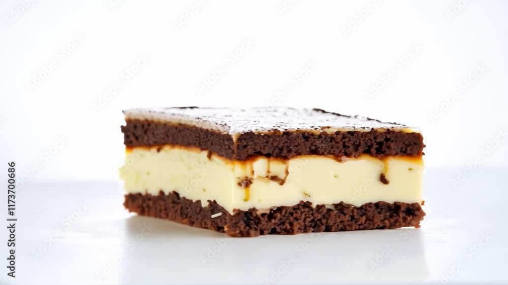 Poster slice of cake with a layer of ice cream in the middle. the cake is cut in half, with the ice cream l