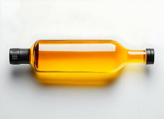 Amber glass bottle filled with golden liquid, isolated on white background.