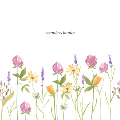 Seamless border of watercolor illustration of wildflowers such as clever, sunflowers, lavender on transparent background. Perfect for Easter spring design postcards, wedding invitations and others