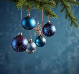 Hanging Christmas ornaments on a blue background with a festive and wintry atmosphere, Christmas ornaments,  Ornamental items