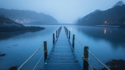 Fototapeta premium Foggy Lake with Wooden Pier at Twilight