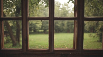 Rustic wooden window frame view of a blurry green park.