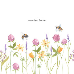 Seamless border of watercolor illustration of wildflowers such as clever, sunflowers, lavender on transparent background with bee and bumblebee. Perfect for Easter spring design postcards