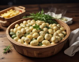 Gnocchi filled with herbs and cheese steaming in a wooden basket on a modern table ,  dinner,  homemade