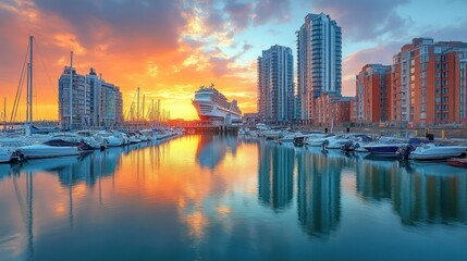 Fototapeta premium Sunrise over marina with cruise ship and modern buildings.