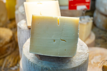 Farmer shop in Biarritz, France, Basque Country and Pyrenees sheep, cow and goat cheeses for sale,...