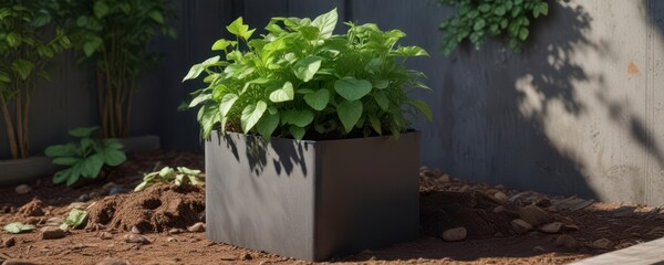 Green leafy plants growing from a small organic compost bin, biota, green