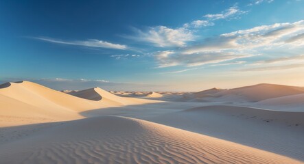 A breathtaking view of a desert landscape with rolling dunes under a brilliant blue sky casting long shadows as the sun begins to set