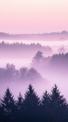 Misty Pine Forest at Sunrise with Pink and Purple Hues - Dreamy, Serene Landscape Phone Background