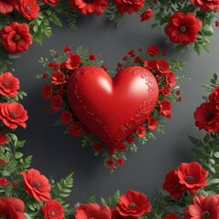 Illustration of a red heart with floral elements, red hearts,  watercolor effects