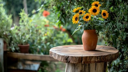 Sunflowers in rustic clay pot on wooden table outdoors.
