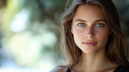 Fototapeta premium Portrait of a Young Woman with Stunning Green Eyes and Long Brown Hair, Outdoors