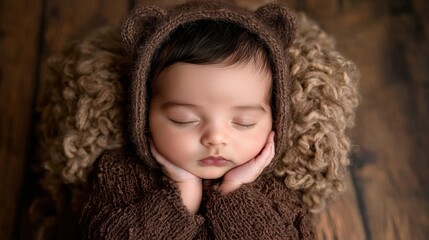 A baby is sleeping in a brown snowsuit