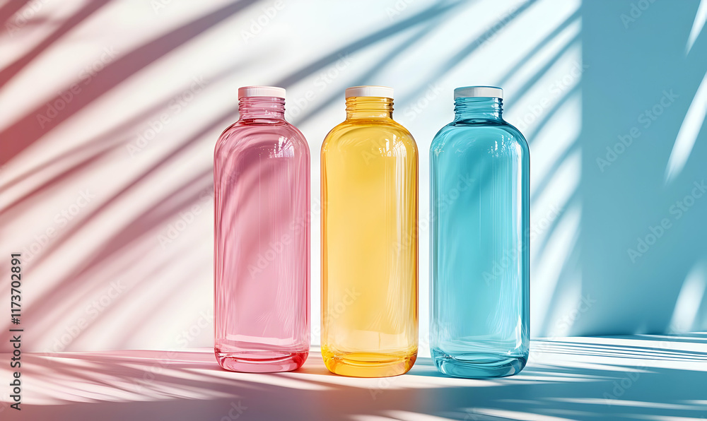 Poster three colorful glass bottles with white caps stand on a white surface with palm leaf shadows, creati