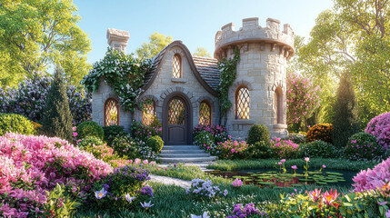 Naklejka premium Fairytale cottage with turret in lush garden, pond in background, ideal for storybook illustrations