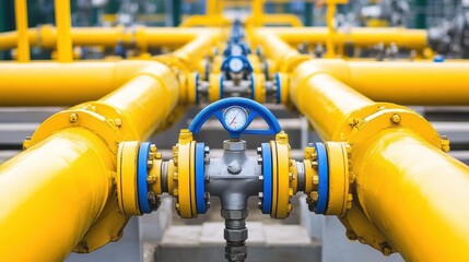 Close-up view of industrial gas pipeline system and factory infrastructure in urban areas