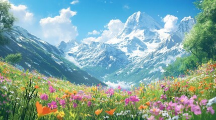 Fototapeta premium Vibrant wildflowers bloom in a lush alpine meadow, with majestic snow-capped mountains in the background under a bright blue sky.
