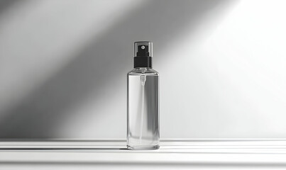 Clear glass spray bottle with black cap on white background, illuminated by sunlight.