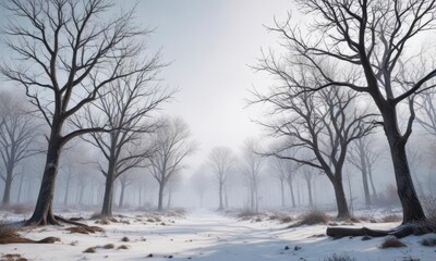 Fototapeta premium Leafless trees and bare branches in winter season, with frosty atmosphere and snowflakes, snow, winter