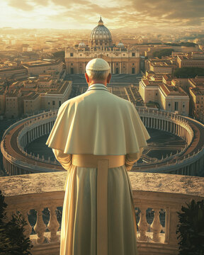 Close-up of the Pope seen from behind, looking out from a balcony overlooking St. Peter's Square in Rome, Italy. Concept of Jubilee and Holy Year.