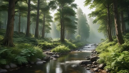 Obraz premium Lush green forest with tall trees and winding stream, , nature
