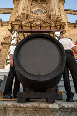 Harvest festival in Jerez de la Frontera, first pressing of grapes juice and filling of first sherry barrel, jerez fortified wine, Andalusia, Spain in summer