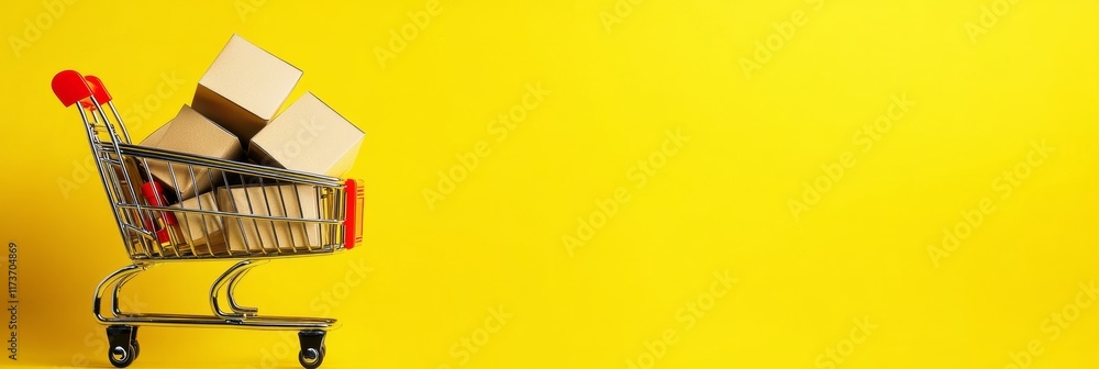 Poster miniature shopping cart full of cardboard boxes is standing on a yellow background representing the 
