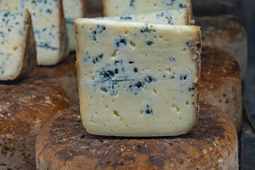 Pieces of tasty Blue Basque Fume smoked sheep cheese produced in south-western France, Northern Basque Country