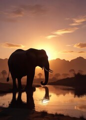 Naklejka premium Majestic elephant silhouette against a sunset backdrop, animal, nature