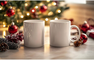 Two white mugs on a table with a blurred Christmas tree background, decorated with red ornaments and pine cones.