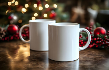 Two white mugs sit on a wooden table in front of a blurred Christmas tree with lights and ornaments.