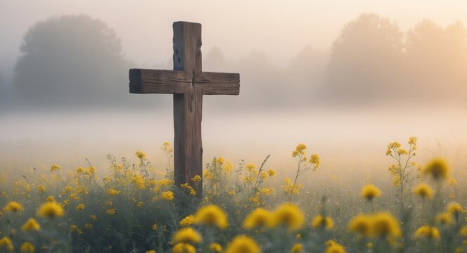 Rustic wooden cross standing amidst vibrant yellow wildflowers in a misty field during early morning light