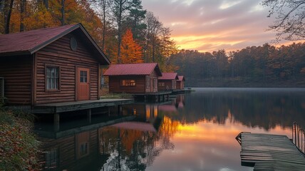 Fototapeta premium Cabin Retreat on Lakeside at Sunset