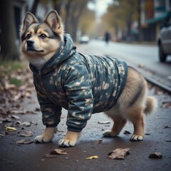 Cachorro con abrigo de camuflaje en la calle mirando con curiosidad 