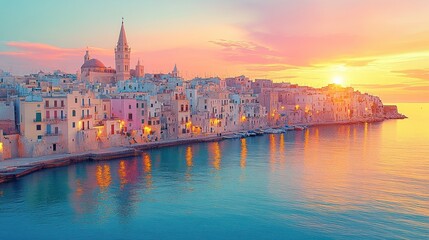 Obraz premium Sunset over colorful coastal town with reflections.