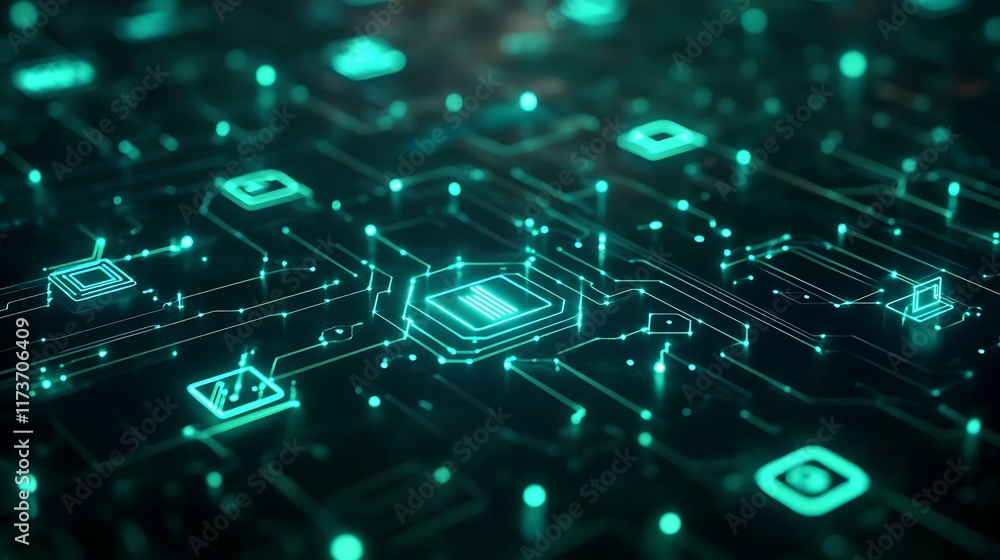 Poster digital data network circuit board green glow