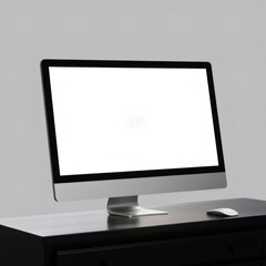 Ordenador todo en uno con pantalla en blanco sobre escritorio oscuro

