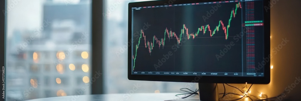 Aufkleber computer screen showing a trading chart with the price of bitcoin going up, suggesting a positive tr