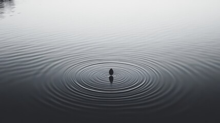 Solitary duck on calm water, concentric ripples.