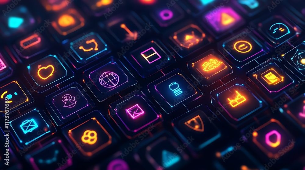Poster neon glowing interface digital app icons display