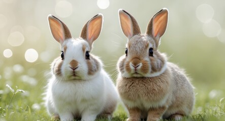 Obraz premium two rabbits sitting in the grass looking at the camera