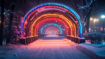 Vibrant Light Tunnel in Snowy Park at Night