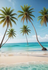 Palm trees swaying gently in ocean breeze with sandy beach and turquoise water,  beach,  tropical paradise