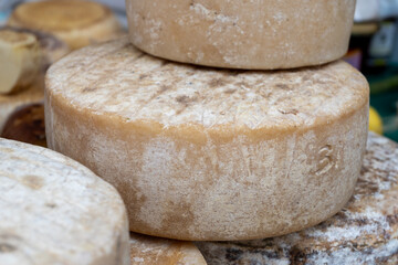 Farmer shop in Biarritz, France, Basque Country and Pyrenees sheep, cow and goat cheeses for sale,...