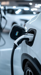 Naklejka premium an electric vehicle plugged to a charging station