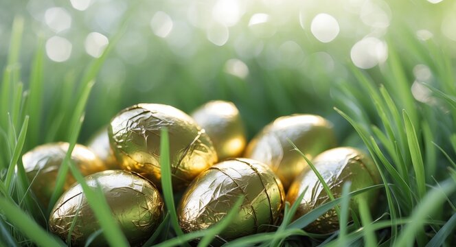 Golden Foil Wrapped Eggs Lying on Fresh Green Grass Outdoors
