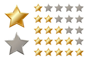 Shiny realistic gold and silver star with metallic effect. Five elements for medal, award, product rating, hotels status Isolated vector on white background, customer feedback, review. EPS10
