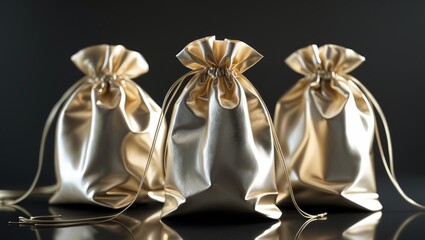 Set of three elegant gold gift bags on a luxurious black background for packaging